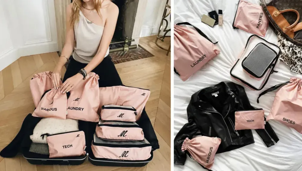 Woman packing a suitcase using bag-all products (left) and bag-all products along with clothes and shoes laid out on bed (right)